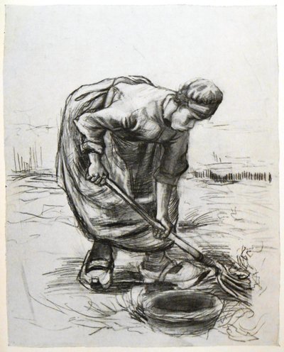 Peasant Woman Digging Potatoes with Basket by Vincent van Gogh